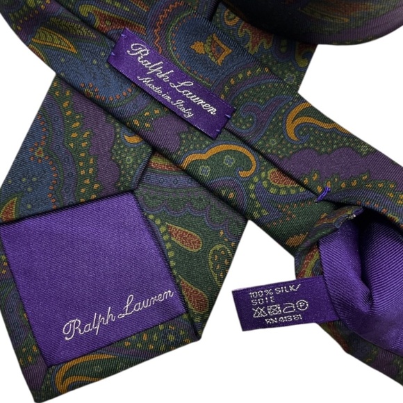 RALPH LAUREN PURPLE LABEL Purple/Green Paisley Silk LUXURY Tie HANDMADE ITALY - Picture 5 of 6